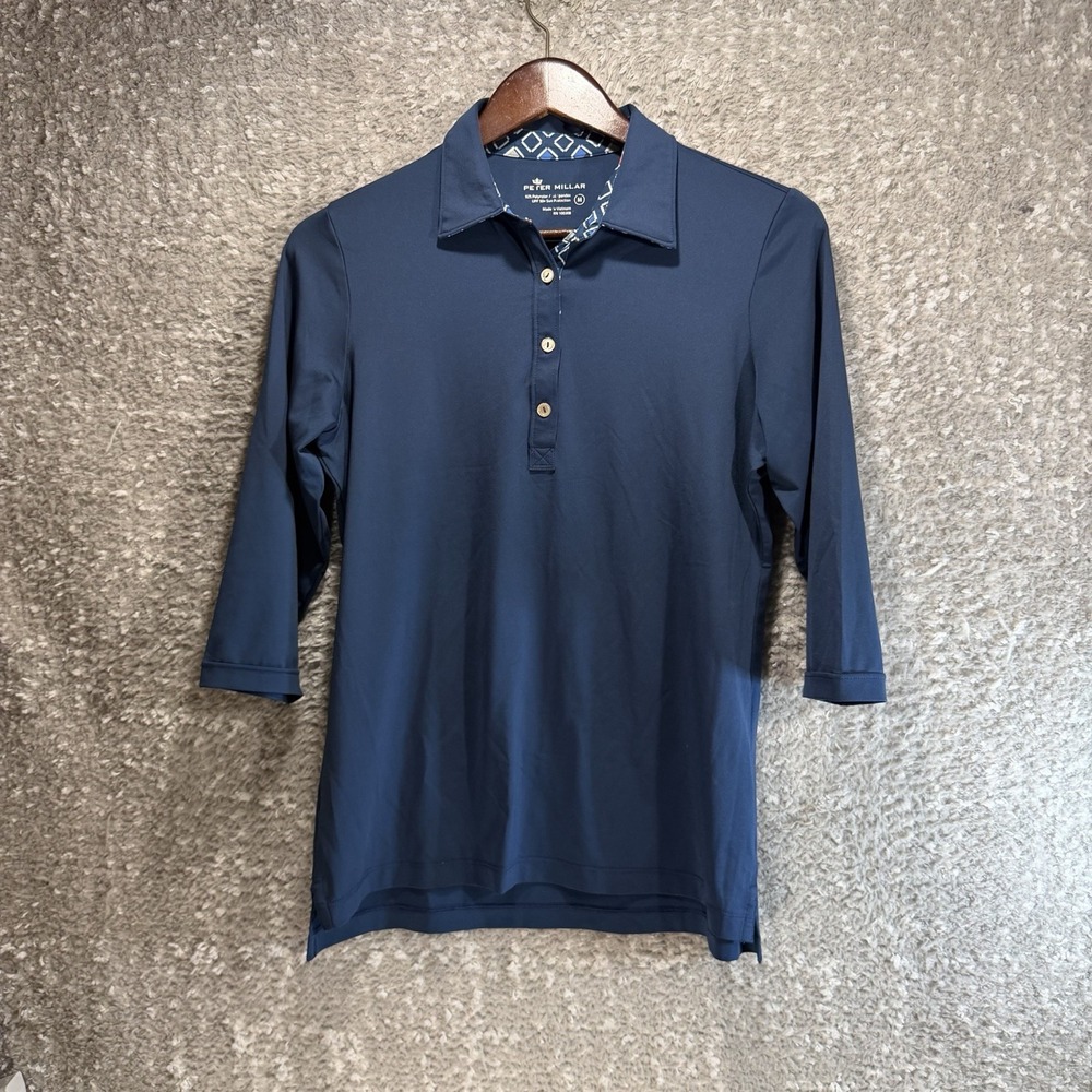 Peter Millar 3/4 Sleeve Polo Shirt Crown Sport M Blue Wicking UPF Performance
